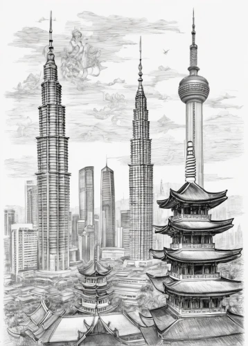 kuala lumpur,asian architecture,coloring page,petronas twin towers,international towers,singapura,year of construction 1954 – 1962,malaysia,chinese architecture,pencil art,petronas,taipei 101,city buildings,year of construction 1937 to 1952,coloring pages,shanghai,tall buildings,line drawing,marina bay,hand-drawn illustration,Illustration,Black and White,Black and White 30