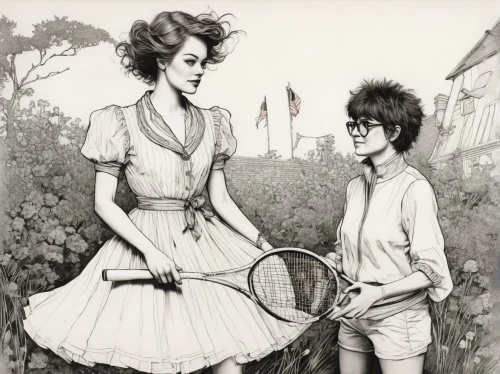 tennis lesson,soft tennis,tennis player,tennis,woman playing tennis,vintage boy and girl,real tennis,tennis racket,croquet,girl and boy outdoor,tennis skirt,frontenis,tennis court,racket,young couple,secret garden of venus,boy and girl,book illustration,paddle tennis,american gothic,Illustration,Retro,Retro 25