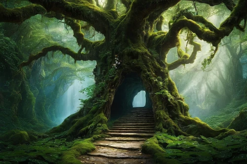 elven forest,forest path,the mystical path,fairytale forest,enchanted forest,fairy forest,tree top path,holy forest,green forest,fantasy picture,forest of dreams,the forest,wooden path,forest tree,old-growth forest,house in the forest,the path,tree house,fairy door,magic tree,Conceptual Art,Daily,Daily 11