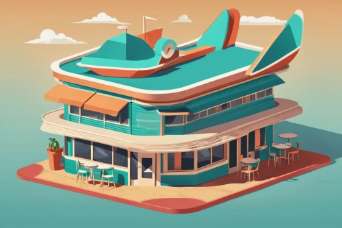 retro diner,seaside resort,wild west hotel,floating island,dribbble,house of the sea,houseboat,holiday motel,airbnb icon,dunes house,isometric,abstract retro,hotel riviera,low poly,retro styled,low-poly,art deco,cruise ship,beach house,mid century house,Illustration,Retro,Retro 12