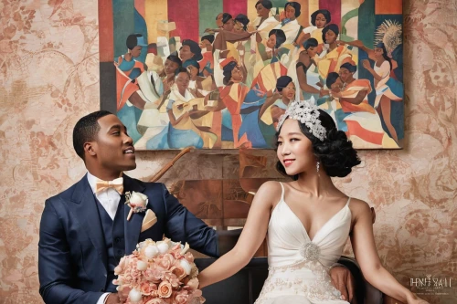 roaring twenties couple,wedding couple,wedding photography,black couple,wedding photo,wedding frame,vintage man and woman,wedding icons,wedding photographer,newlyweds,bride and groom,flapper couple,golden weddings,silver wedding,wedding banquet,portrait photographers,beautiful couple,young couple,pre-wedding photo shoot,wedding details,Illustration,Realistic Fantasy,Realistic Fantasy 21