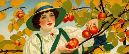 girl picking apples,woman eating apple,picking apple,apple harvest,apple picking,apple trees,apple orchard,mirabelles,orchards,fruit trees,cherries,apple plantation,apple tree,red apples,orchard,grape harvest,wine harvest,rowanberries,autumn fruit,laurel cherry,Illustration,Retro,Retro 15