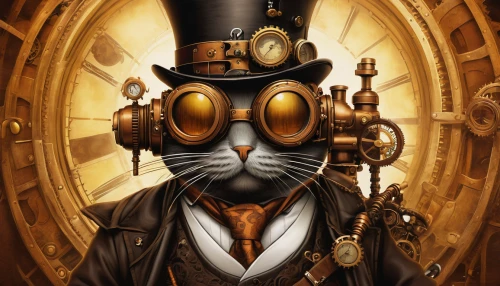 steampunk,clockmaker,watchmaker,ringmaster,steampunk gears,clockwork,conductor,aristocrat,cat sparrow,hatter,pocket watch,inspector,grandfather clock,magician,pocket watches,top hat,figaro,bellboy,whiskered,stovepipe hat,Illustration,Abstract Fantasy,Abstract Fantasy 22