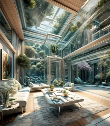 luxury home interior,conservatory,penthouse apartment,interior modern design,greenhouse,glass roof,mirror house,luxury property,3d rendering,futuristic architecture,cubic house,interior design,glass wall,aquarium decor,beautiful home,greenhouse effect,loft,structural glass,modern room,virtual landscape