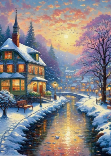 christmas landscape,winter landscape,winter village,snow landscape,snowy landscape,snow scene,winter background,winter house,christmas snowy background,home landscape,winter dream,christmas scene,aurora village,christmas town,winter morning,the holiday of lights,winter wonderland,winter magic,alpine village,oil painting on canvas,Conceptual Art,Daily,Daily 31