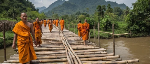buddhists monks,wooden bridge,monks,teak bridge,theravada buddhism,buddhists,buddhist monk,laos,hanging bridge,mekong,footbridge,burma,monk,pilgrimage,suspension bridge,indian monk,myanmar,buddhist hell,rope bridge,online path travel,Illustration,Retro,Retro 21