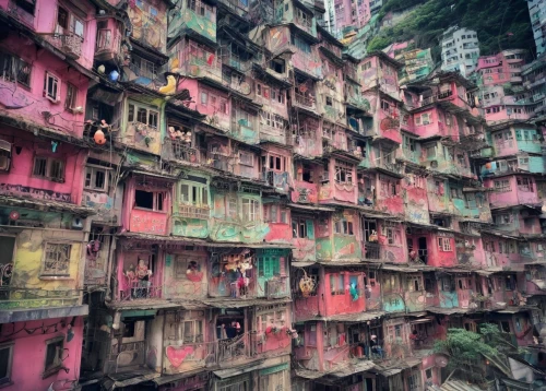 hanging houses,kowloon city,mud village,pink city,slum,mumbai,colorful city,hong kong,colorful facade,hanging temple,hanoi,kowloon,stilt houses,slums,pigeon house,blocks of houses,syringe house,apartment block,painted block wall,urbanization,Illustration,Realistic Fantasy,Realistic Fantasy 02