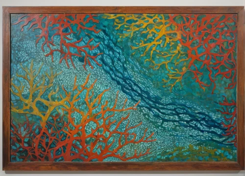 feather coral,deep coral,coral reef,coral,abstract painting,blue leaf frame,leaves frame,copper frame,glass painting,soft coral,stony coral,colorful tree of life,floral frame,botanical square frame,coral fish,coral bush,wall panel,openwork frame,wood frame,branches,Conceptual Art,Oil color,Oil Color 15