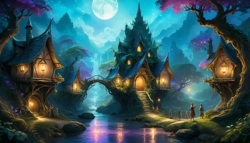 fantasy landscape,fairy village,druid grove,fairy world,enchanted forest,fairy forest,fantasy picture,elven forest,fantasy art,fairy tale castle,halloween background,haunted forest,fairytale forest,3d fantasy,witch's house,fantasy world,fairy house,cartoon video game background,devilwood,fantasy city,Conceptual Art,Fantasy,Fantasy 05