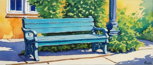 park bench,garden bench,outdoor bench,bench,majorelle blue,red bench,benches,blue painting,watercolor paris balcony,bench chair,watercolor blue,man on a bench,colored pencil background,watercolor painting,white picket fence,bench by the sea,watercolor background,watercolor paint,blue pushcart,acrylic paint,Illustration,Retro,Retro 11