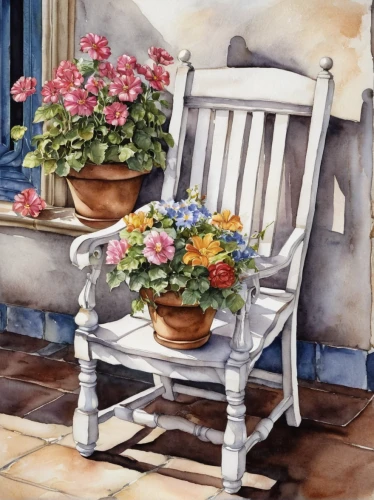 watercolor roses and basket,floral chair,watercolor painting,watercolor paris balcony,flower painting,garden bench,flowers in basket,flower basket,watercolor flowers,watercolor,watercolor background,watercolor paint,hanging basket,potted flowers,carol colman,watercolour flowers,flower boxes,porch,flower stand,oil painting,Conceptual Art,Fantasy,Fantasy 27