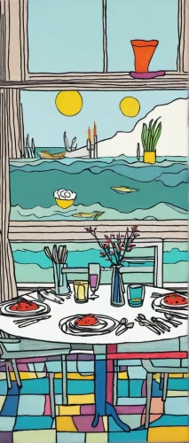 beach restaurant,holiday table,dining table,kitchen table,breakfast table,dining room,glass painting,summer still-life,beach house,beach furniture,picnic boat,breakfast room,tableware,dining,houseboat,food table,the kitchen,frame illustration,bistro,mid century modern,Illustration,Children,Children 06