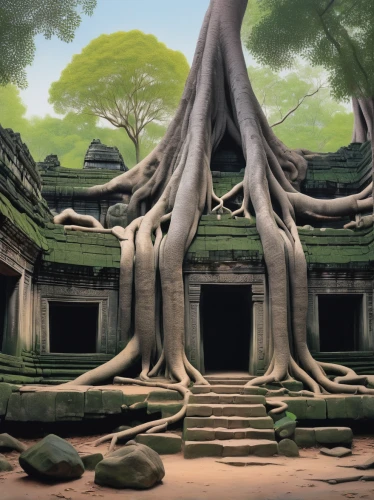 bodhi tree,the roots of trees,sacred fig,the japanese tree,silk tree,tree and roots,angkor,dragon tree,angkor wat temples,asian architecture,roots,fig tree,ancient buildings,hanging temple,ancient,world digital painting,tree of life,stone lotus,ancient city,ancient house,Art,Artistic Painting,Artistic Painting 48