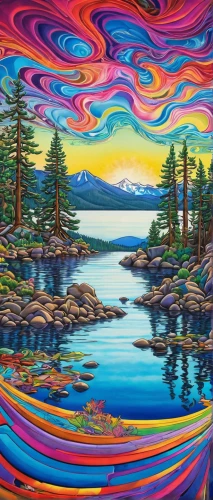 acid lake,psychedelic art,tahoe,lsd,painting technique,rainbow waves,oil on canvas,salt meadow landscape,aurora borealis,glass painting,cascades,laguna verde,oil painting on canvas,swirl clouds,panoramical,kaleidoscope art,psychedelic,tofino,mushroom landscape,oil painting,Illustration,Realistic Fantasy,Realistic Fantasy 39