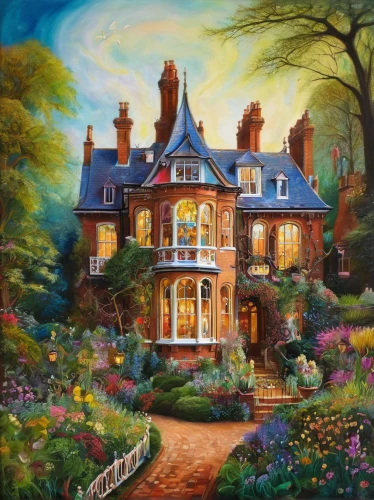 victorian house,house painting,home landscape,victorian,dandelion hall,woman house,summer cottage,country house,house in the forest,witch's house,country cottage,country estate,cottage garden,beautiful home,villa,private house,doll's house,cottage,knight house,estate agent,Illustration,Realistic Fantasy,Realistic Fantasy 37