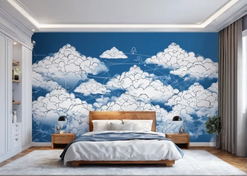 wall sticker,wall decoration,sky apartment,cumulus clouds,sleeping room,chinese clouds,cumulus cloud,wall decor,wall painting,boy's room picture,wall paint,cloud image,blue room,children's bedroom,flower wall en,guest room,nursery decoration,painted wall,paper clouds,great room,Unique,Design,Blueprint