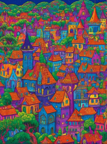 colorful city,escher village,aurora village,villages,mountain village,bukchon,khokhloma painting,valparaiso,houses,meteora,knight village,purple landscape,tbilisi,porto,village,istanbul,transilvania,albuquerque,haiti,transylvania,Conceptual Art,Oil color,Oil Color 14