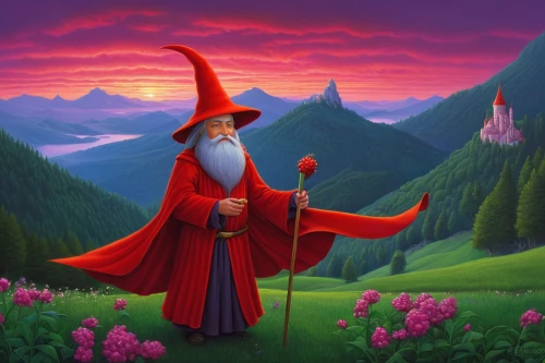 gandalf,the wizard,wizard,scandia gnome,magus,fantasy picture,gnome,valentine gnome,red cape,gnomes,jrr tolkien,male elf,wizards,fantasy portrait,magistrate,magical adventure,fantasy art,world digital painting,scandia gnomes,merlin,Illustration,Realistic Fantasy,Realistic Fantasy 26