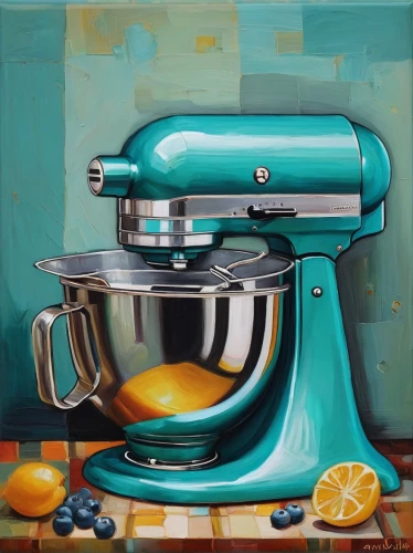 kitchen mixer,oil painting on canvas,kitchen appliance,oil painting,enamel,modern pop art,cool pop art,citrus juicer,oil on canvas,pop art colors,home appliances,appliances,major appliance,teal and orange,meticulous painting,household appliances,kitchenware,painting technique,cookware and bakeware,home appliance,Illustration,Abstract Fantasy,Abstract Fantasy 07
