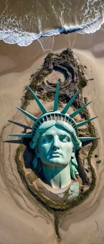 a sinking statue of liberty,liberty enlightening the world,sand art,sand sculptures,sand sculpture,statue of liberty,admer dune,lady liberty,sand clock,relief map,the statue of liberty,mother earth statue,world digital painting,sandy,environmental art,united states national park,liberty statue,sand castle,usa landmarks,aerial landscape,Illustration,Realistic Fantasy,Realistic Fantasy 47