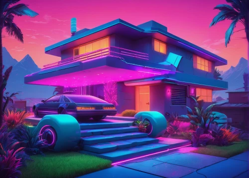 80's design,bungalow,retro styled,tropical house,80s,3d render,garage,neon,cabana,lonely house,modern house,aesthetic,neon ghosts,neon arrows,suburban,suburbs,neon candies,motel,dunes house,abstract retro,Conceptual Art,Sci-Fi,Sci-Fi 27