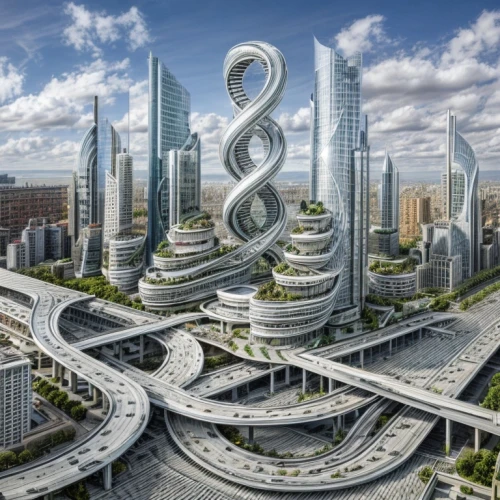 futuristic architecture,helix,futuristic landscape,urban towers,urban design,smart city,2022,futuristic,mixed-use,autostadt wolfsburg,urbanization,urban development,fantasy city,tianjin,metropolis,dystopian,shanghai,largest hotel in dubai,hub,5g,Architecture,Skyscrapers,Masterpiece,Deconstructivist Modernism