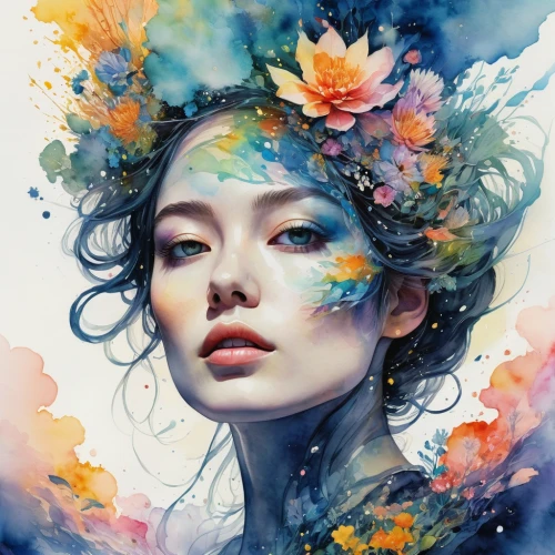 girl in flowers,flower painting,fantasy portrait,flower fairy,flora,mystical portrait of a girl,boho art,falling flowers,flowers celestial,faerie,faery,flower nectar,wreath of flowers,flower art,blooming wreath,watercolor floral background,kahila garland-lily,world digital painting,cosmic flower,colorful floral,Illustration,Paper based,Paper Based 20