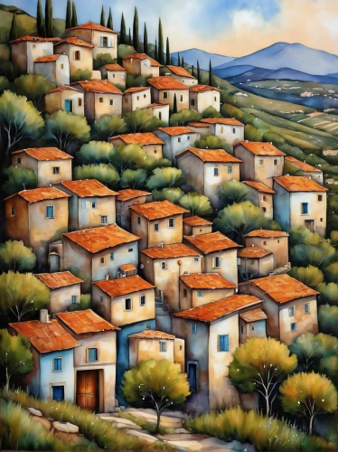 italian painter,tuscan,olive grove,provence,home landscape,tuscany,campagna,david bates,provencal life,mountain village,villages,houses clipart,carol colman,landscape,volterra,oil painting on canvas,escher village,italia,oil painting,mottarone,Conceptual Art,Daily,Daily 34