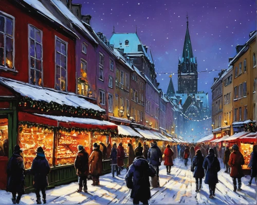 christmas market,christmas landscape,advent market,christmas snowy background,nordic christmas,christmas town,winter village,christmasbackground,christmas shopping,world digital painting,tallinn,prague,hamelin,shopping street,christmas scene,christmas wallpaper,winter festival,winter background,christmas motif,northern europe,Conceptual Art,Oil color,Oil Color 06