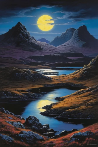 stabyhoun,nordland,isle of skye,lunar landscape,scottish highlands,glencoe,moonscape,fjords,northen light,night scene,thermokarst,fjord,highlands,purple landscape,mountain landscape,graeme strom,moonlit night,loch venachar,olle gill,mountain scene,Illustration,Retro,Retro 14