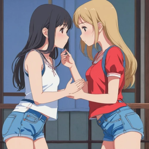 girl kiss,hiyayakko,hands holding,arm wrestling,red and blue,two girls,cheek kissing,making out,jean shorts,azusa nakano k-on,kiss,pairing,himuto,holding hands,hand in hand,kissing,red string,love live,fist bump,handshake,Conceptual Art,Daily,Daily 27