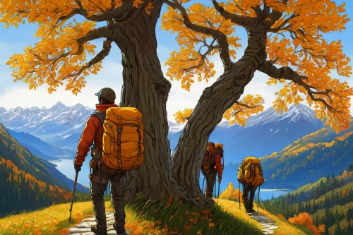 hikers,autumn background,autumn mountains,travelers,backpacking,fall landscape,autumn walk,travel poster,autumn landscape,autumn theme,hiker,autumn trees,hiking equipment,hiking path,autumn camper,autumn scenery,larch trees,mountain hiking,trekking,autumn idyll,Art,Classical Oil Painting,Classical Oil Painting 34