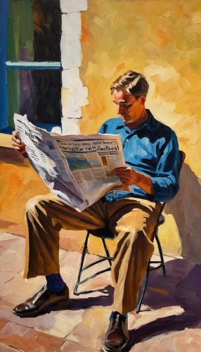 blonde woman reading a newspaper,people reading newspaper,italian painter,newspaper reading,man on a bench,oil painting,newspaper delivery,blonde sits and reads the newspaper,man with a computer,elderly man,painting technique,woman sitting,man talking on the phone,reading the newspaper,oil painting on canvas,painter,pensioner,caricaturist,art painting,man with saxophone,Conceptual Art,Oil color,Oil Color 22