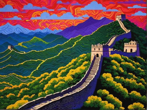 great wall,great wall of china,great wall wingle,khokhloma painting,qinghai,dragon bridge,potala palace,lhasa,meteora,potala,mountain scene,huashan,travel poster,wall,summit castle,machu pi,mountainous landscape,5 dragon peak,peter-pavel's fortress,mountain highway,Conceptual Art,Oil color,Oil Color 14