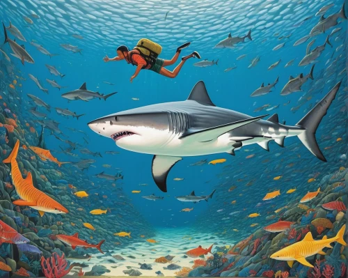 school of fish,aquarium inhabitants,sharks,underwater world,underwater background,requiem shark,tiger shark,bull shark,aquarium,bronze hammerhead shark,shark,great white shark,shoal,shark fin soup,game illustration,aquarium decor,under the sea,giant fish,aquatic animals,hammerhead,Conceptual Art,Daily,Daily 29