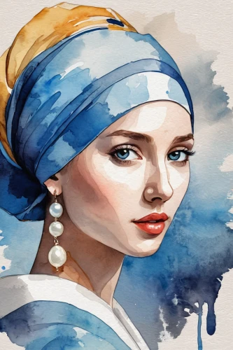 watercolor women accessory,headscarf,girl with a pearl earring,watercolor blue,fashion illustration,turban,blue painting,watercolor paint,watercolor painting,rem in arabian nights,fashion vector,boho art,fabric painting,shower cap,world digital painting,photo painting,muslim woman,water colors,mazarine blue,watercolor,Illustration,Paper based,Paper Based 25