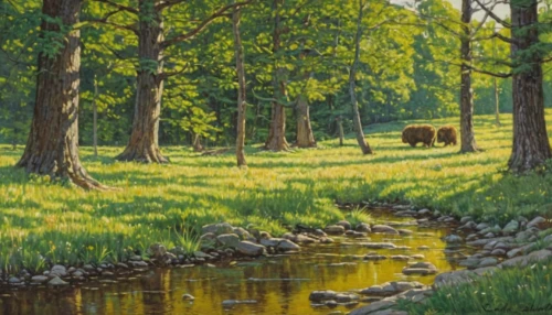 brown bears,forest landscape,meadow and forest,meadow landscape,hunting scene,brook landscape,green meadows,buffalo herd,forest animals,pasture,cow meadow,brown bear,rural landscape,the bears,black bears,salt meadow landscape,green meadow,bears,riparian forest,oil painting,Illustration,Retro,Retro 01