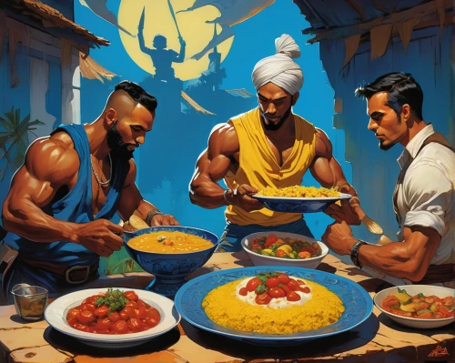 punjabi cuisine,indian cuisine,cooking book cover,indian food,sadhus,rajasthani cuisine,bahian cuisine,orientalism,indian art,paella,indian chinese cuisine,middle-eastern meal,breakfast table,korma,three kings,cookery,indians,traditional food,desi food,last supper,Conceptual Art,Oil color,Oil Color 04