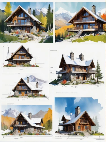 houses clipart,wooden houses,studies,mountain huts,house drawing,chalet,house in mountains,house in the mountains,house painting,chalets,log home,wooden house,4 seasons,timber house,hanging houses,world digital painting,painting technique,four seasons,log cabin,house shape,Conceptual Art,Oil color,Oil Color 07