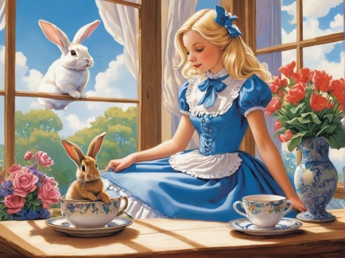 alice in wonderland,alice,tea party,cinderella,tea time,wonderland,white rabbit,white bunny,tea party collection,spring morning,tearoom,fairy tale character,teatime,porcelaine,afternoon tea,girl with cereal bowl,still life of spring,tea zen,blue and white porcelain,tea party cat,Illustration,American Style,American Style 05