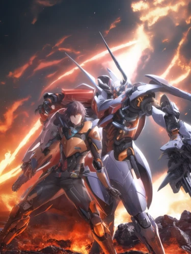 iron blooded orphans,lancers,gundam,evangelion evolution unit-02y,eva unit-08,heavy object,evangelion unit-02,evangelion mech unit 02,cynosbatos,angels of the apocalypse,dusk background,dragon slayers,knight festival,cg artwork,evangelion,swordsmen,evangelion eva 00 unit,mecha,knights,battle gaming