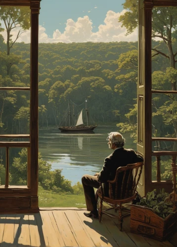 lev lagorio,boat landscape,idyll,frederic church,robert duncanson,idyllic,mark twain,asher durand,nature and man,man on a bench,hans christian andersen,robert harbeck,overlook,river landscape,painting technique,contemplation,romantic scene,carl svante hallbeck,girl on the boat,regatta,Illustration,Black and White,Black and White 02