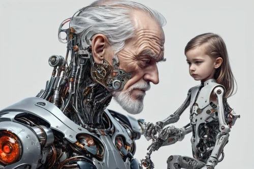 cybernetics,old human,father with child,sci fiction illustration,cyborg,biomechanical,grandfather,humanoid,old age,old couple,father and daughter,artificial intelligence,grandpa,elderly man,older person,aging,machines,old man,man and boy,robots,Conceptual Art,Sci-Fi,Sci-Fi 03