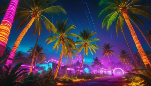 palm forest,palmtrees,palms,palm trees,colored lights,royal palms,neon lights,neon arrows,colorful light,miami,neon light,palm field,tropics,palmtree,south beach,palm,palm branches,futuristic landscape,aesthetic,two palms,Photography,General,Natural