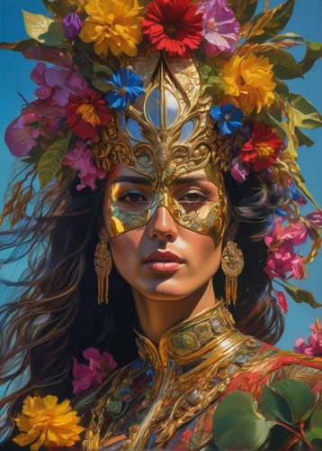 masquerade,golden wreath,pachamama,kahila garland-lily,venetian mask,balinese,the carnival of venice,laurel wreath,headdress,golden mask,hula,fantasy portrait,summer crown,polynesian girl,girl in a wreath,iranian nowruz,gold mask,shamanic,brazil carnival,wreath of flowers,Photography,Artistic Photography,Artistic Photography 08