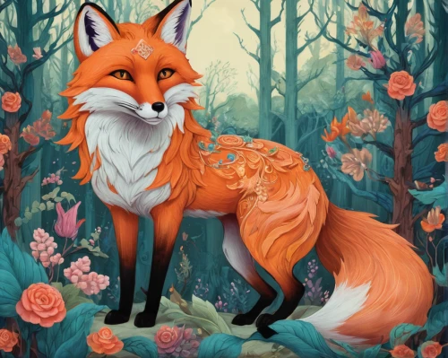 garden-fox tail,fox,a fox,red fox,little fox,cute fox,foxes,adorable fox,redfox,child fox,fox stacked animals,vulpes vulpes,fox hunting,springtime background,forest animal,kitsune,flower animal,fauna,orange scent,flora,Illustration,Realistic Fantasy,Realistic Fantasy 02