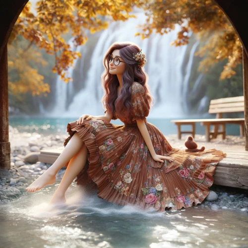 woman at the well,fantasy picture,wishing well,autumn background,autumn idyll,girl in a long dress,fairytale,girl on the river,relaxed young girl,girl in a wreath,the girl in the bathtub,fairy tale character,mystical portrait of a girl,photo manipulation,photomanipulation,romantic portrait,fantasy portrait,autumn theme,enchanting,mermaid background