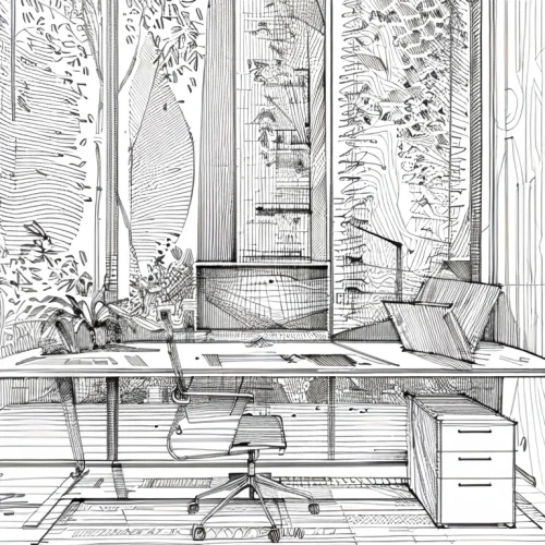 writing desk,desk,frame drawing,secretary desk,botanical line art,wisteria shelf,office line art,study room,hand-drawn illustration,window sill,office desk,coloring page,windowsill,botanical print,interiors,working space,pencil frame,workspace,book illustration,line drawing,Design Sketch,Design Sketch,None