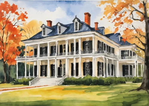 house painting,fall landscape,country house,new england style house,house drawing,country estate,old colonial house,country hotel,houses clipart,victorian house,new echota,home landscape,watercolor painting,henry g marquand house,autumn idyll,dillington house,appomattox court house,fall foliage,victorian,autumn decor,Illustration,Paper based,Paper Based 07