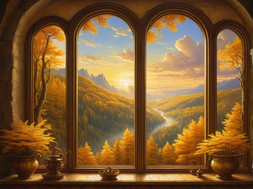 fantasy landscape,autumn mountains,fantasy picture,church painting,autumn landscape,window curtain,landscape background,robert duncanson,fantasy art,window to the world,yellow mountains,panoramic landscape,high landscape,mountain scene,home landscape,castle windows,wooden windows,hall of the fallen,the threshold of the house,mountainous landscape,Conceptual Art,Fantasy,Fantasy 28